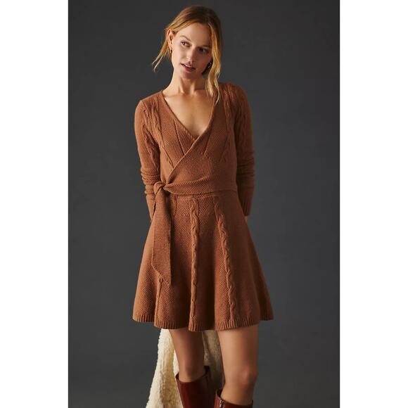Anthropologie Greylin Brown Cable Knit Wrap Sweater Dress Small - Picture 1 of 12